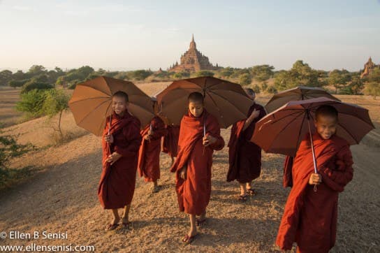 Bagan, Burma, Myanmar. Hill Near #820 Temple and Buddhist Monk Novices.