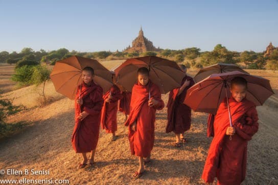 Bagan, Burma, Myanmar. Hill Near #820 Temple and Buddhist Monk Novices.