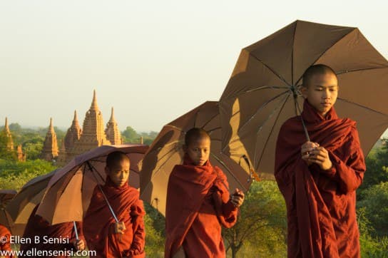 Bagan, Burma, Myanmar. Hill Near #820 Temple and Buddhist Monk Novices.